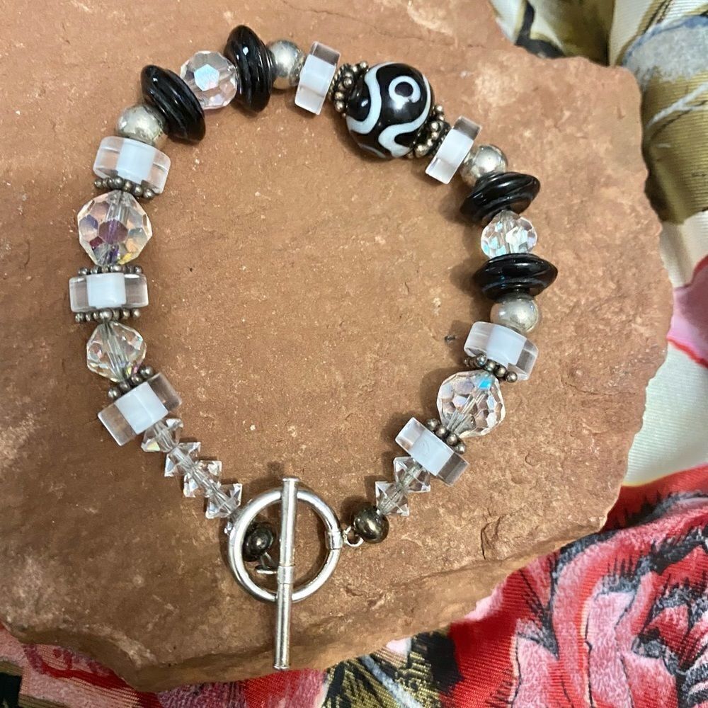 Bracelet beads sterling silver vintage crystals and finding & toggle close